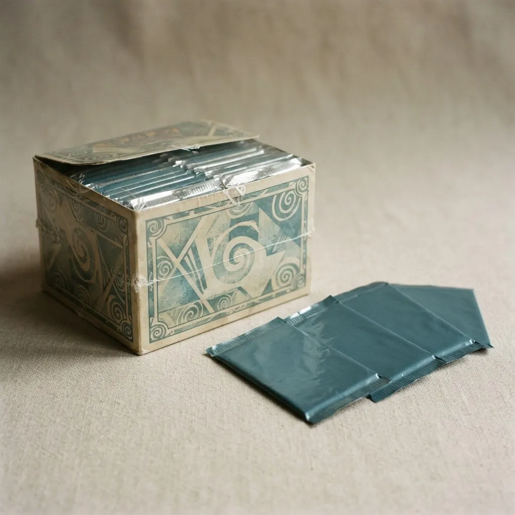 A vintage 1999-era sealed booster box and wax booster packs on a neutral studio backdrop
